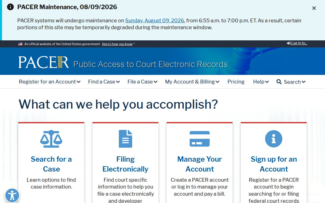 PACER docket access for federal Bedford County criminal court matters
