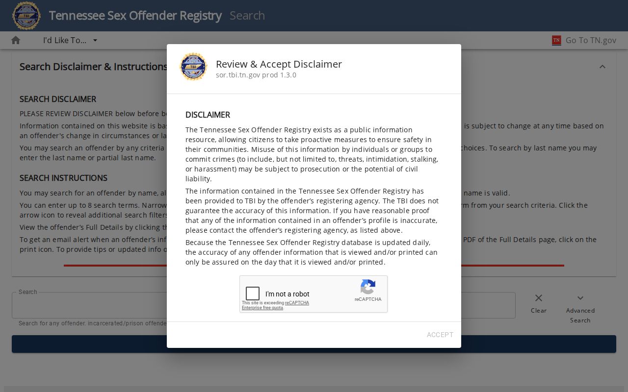 Bedford County sex offender registry search controls on the TBI portal