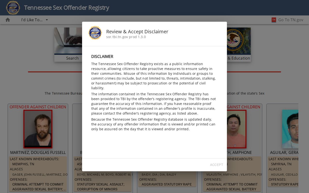 TBI information page for Bedford County sex offender registry records