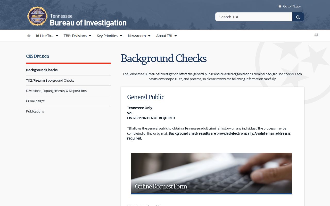 Bedford County criminal history official TBI background-check channels