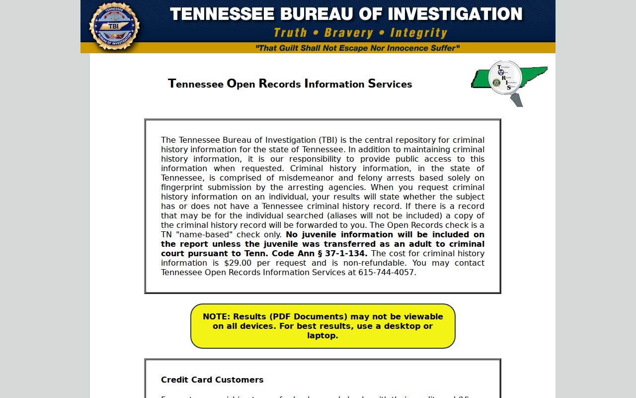 Bedford County criminal history TORIS request interface